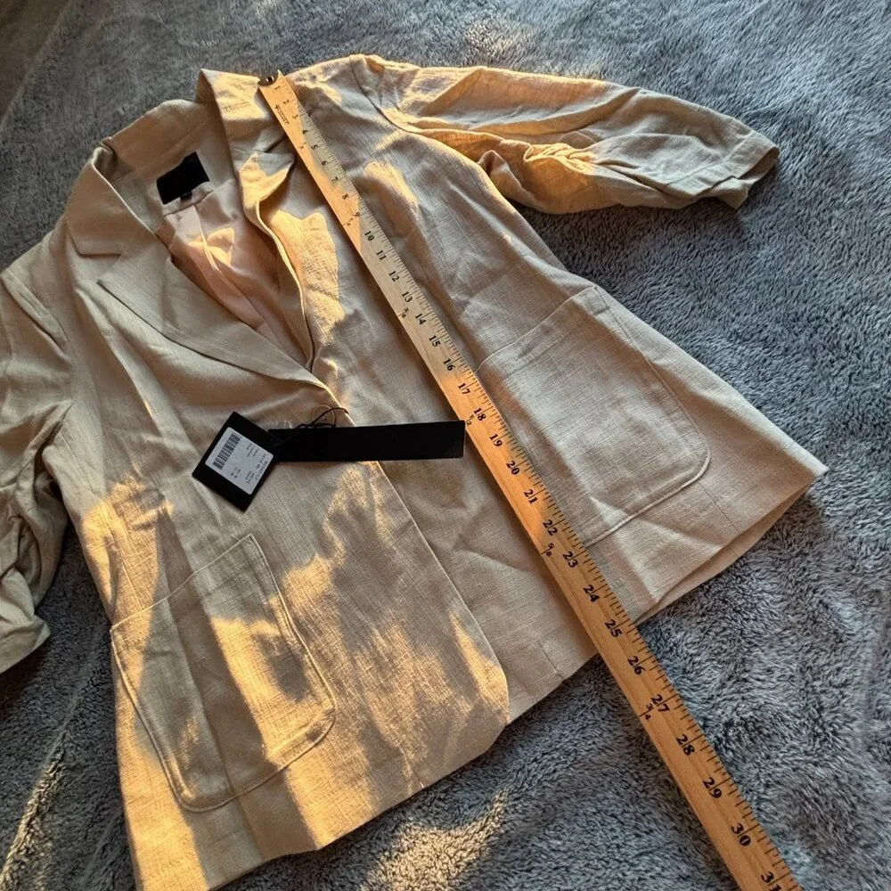 Mina Self Flax Linen Blend Blazer Beige Business Casual L Ruched Sleeve 18995x - Picture 6 of 12